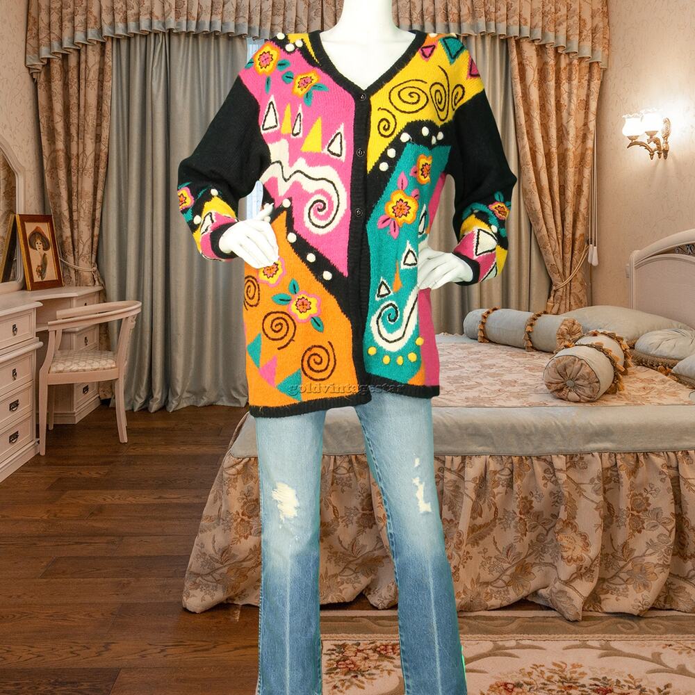 Vintage Sideeffects Loud Rainbow Abstract Art Knit Cardigan Sweater Jumper